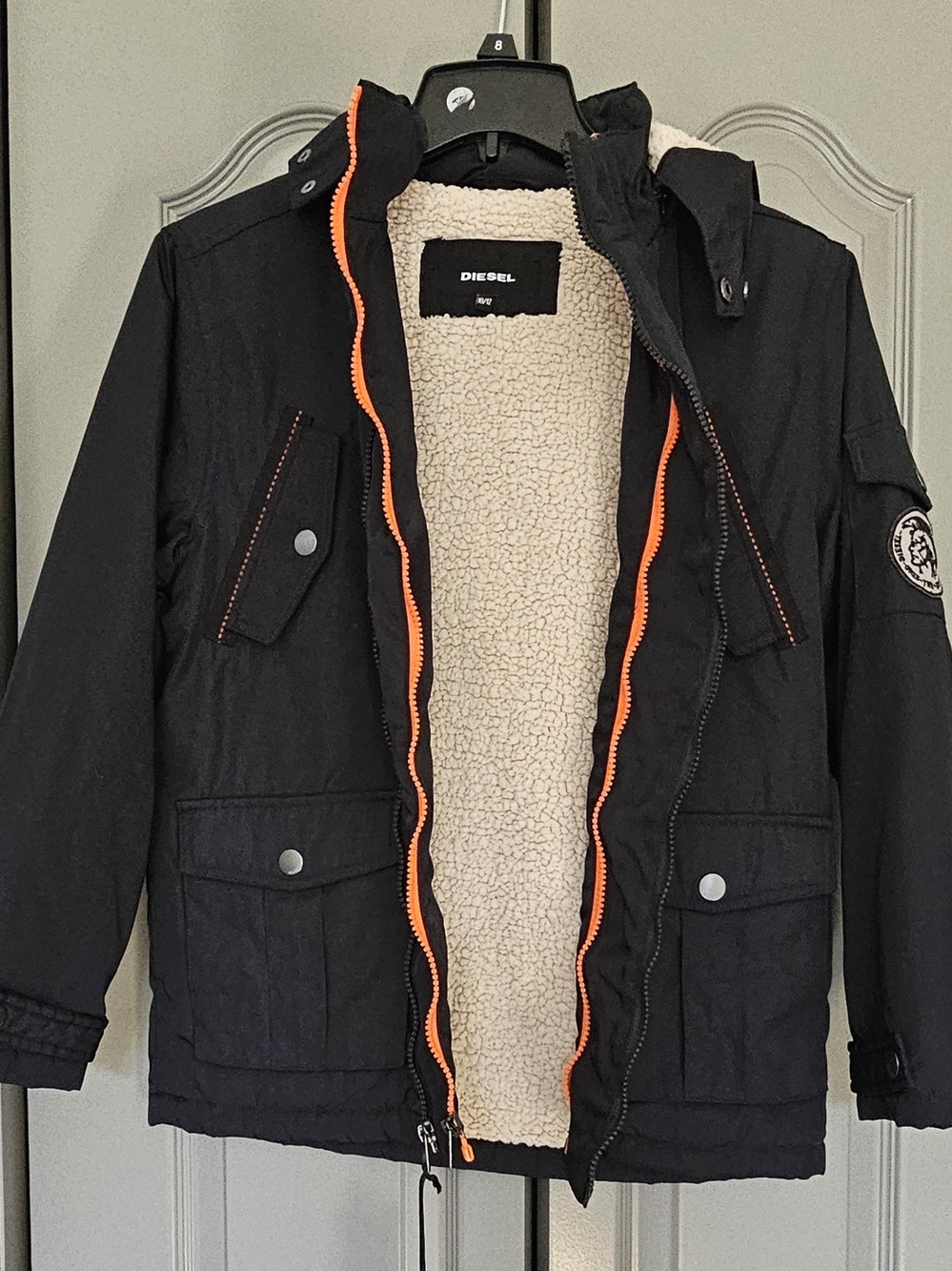 Diesel Black Jacket with Cream Sherpa and Orange Trim
